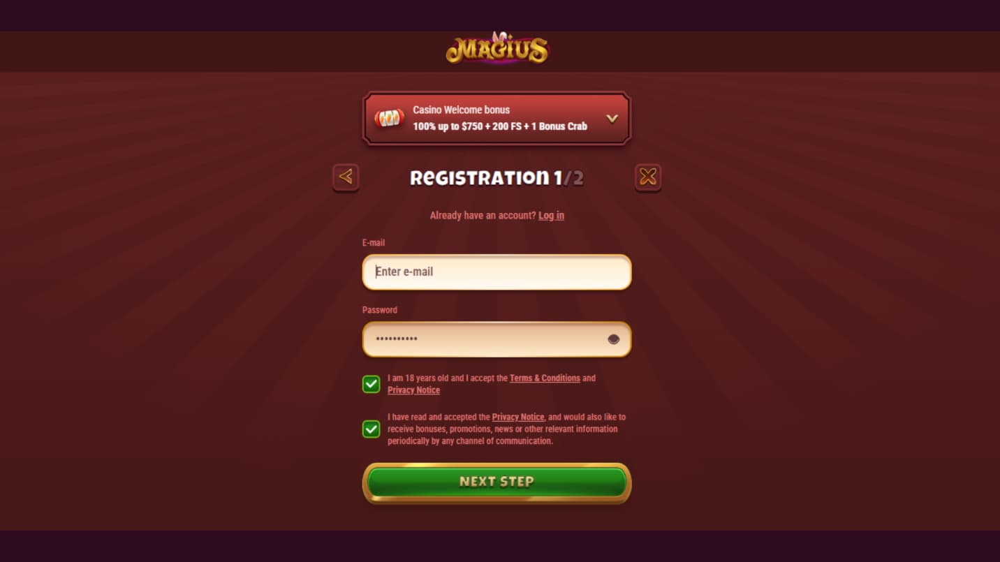 magius casino registration step1