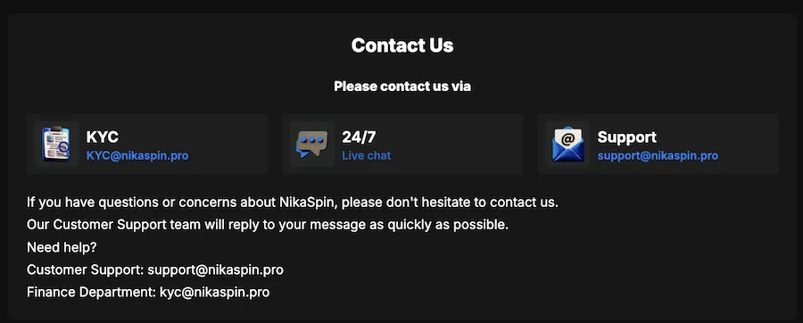 nikaspin casino support